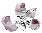 SKYLINE Klassisch Retro Stil Wicker LUX Kombi-Kinderwagen Buggy 3in1 Reise System Autositz (Isofix) (Light Pink/17'Räder)