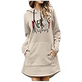 Xmiral Damen Weihnachten Sweatshirts Kleid Einfarbig Druck Lange Pullover Mit Kapuze Tasche Langarm Kleid (03 Beige, XL)