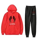 SHIXXEU97 TV Lucifer Devil Wings Print Hoodie Hose Zweiteiliges Set Harajuku Sweatshirt Streetwear Hip Hop Mode Student Teen Paar Pullover Hosen Set,Rot,L