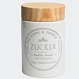 KHG Zuckerdose Vintage für 500g Zucker, Zuckerdose groß, Vorratsdose aus Keramik/Steingut weiß mit Holz-Deckel, Zucker Aufbewahrung Behälter, optional: im Set mit Mehl- & Zucker-V