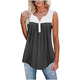 GDOV Ärmellos V-Ausschnitt Weste mit Knöpfen Patchwork Farbblock Plissee Rüschen Tanktop für Damen Sommer Lose Passform Baumwolle Elegant Basic Party Lässig Kompfort T-Shirt Bluse Oberteile H