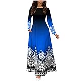 Winterkleid Damen Farbverlauf Blumen Langarm Rundhals Maxi Kleid Frauen Vintage Druck Freizeitkleid Eleg