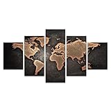 5 Teilig Leinwand Bilder Kunstdruck 3D Weltkarte Braun Abstrakt Modern HD Poster Panel 5 stück Lein wandbild,Wohnzimmer Büro Home Dekoration,Holzrahmen Gesamtgröße: (150x80cm)