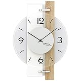 AMS - Quarzuhr - Wanduhr - Holzgehäuse Hochglanz weiß - Sonoma-Optik - Aluminium-Applik