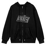 Cslada Y2K Mode Strass Reißverschluss Übergroße Hoodies E-Girl Vintage Solid Letter Langarm Schwarz Sweatshirts Herbst O