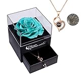 Erhaltene Echte Rose Ewige handgemachte Rose mit Liebe Sie Halskette 100 Sprachen Geschenk Verzauberte Echte Rose Blume zum Valentinstag Jubiläum Jäten Romantische Geschenke für Sie (7-Tiffany-Blau)