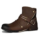 OTTO ZONE Herren Worker Boots | Schnürstiefeletten Leder Optik | Blockabsatz Profilsohle | Schnürer Schuhe Schnallen | Schnürboots |OZ-5008-7, Braun, 44 EU
