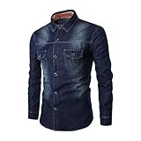 Sie hochwertiges modisches gewaschenes Denim für Junge Männer Langarmhemd Cowboy-Style Freizeit Hemd männer Kent-Kragen Business Casual Blau Regular Fit Langarm Western Einfarbiger Baumwoll S