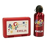 Geschenke 24 Einschulung Set personalisiert Trinkflasche und Brotdose (Rot): Brotdose Schule, Brotdose mit Namen, Trinkflasche mit Namen - Einschulungsgeschenk