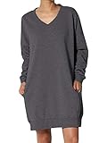 Dresswel Damen Sweatshirt Kleid V-Ausschnitt Langarm Pullover Kleider Einfarbig Sweatkleid Lang T-Shirt Kleid mit T