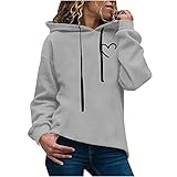 Damen Kapuzenpullover Kawaii Hoodie Pullover Frauen Langarm Oberteile mit Kapuze Pulli Herbst Winter Casual Bluse Tops Liebesdruck Jumper Cute Einfarbig Langarmshirt mit Tasche(Grau,M)