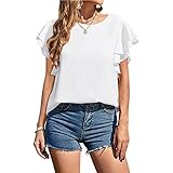 Damen-Blusen mit Rüschenärmeln Knoten vorne Button-Down-Hemd Tunika Sommer Leichter Doppelte Rüschenärmel Chiffon-Oberteil Lässige lockere Bluse und Oberteile V-Ausschnitt Chiffon-Hemd T-S