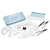 CALCUSO Zirkel-Set Geometrieset 12-Teilig mit Zirkel, Geodreieck, Parabel, Bleistift, Radierer und Spitzer in stabiler Metallbox - praktisches Mathematik-S