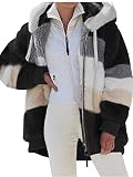 Damen-Kapuzenmantel mit Kapuze, langärmelig, Reißverschluss, Übergröße, für Herbst und Winter, mit Tasche, A-schwarz, 46