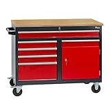 Mobile Werkbank Werktisch Transportwagen rot/anthrazit 5 Schubladen 1 Tür 120x60x93