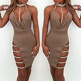 QBQZXAOSOWH Hübsche Kleider Dress Damen Frauen Sexy Halfter V Neckdress Weibliche Solide Ärmellose Side Slip Diamonds Chic Minikleid Damen Clubwear Party M Khak