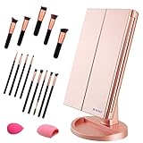 WEILY Beleuchteter Make-up-Spiegel, dreifach faltbar, mit 1x-, 2X-, 3X-Vergrößerung, natürliche LED-Lichter, Touchscreen aufladbar (Spiegel und Make-up-Pinsel-Set)