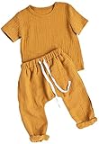 Kleinkind Baby Junge Mädchen Sommer Casual Bekleidungsset Leinen Outfits Kurzarm T-Shirts Top + Loose Hosen mit Kordelzug Unisex Babykleidung 2Stücke Einfarbig (Gelb, 9-12Monate)