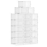 SONGMICS Schuhboxen, 18er Set, Aufbewahrungsboxen für Schuhe, Schuh-Organizer, Kunststoffboxen, faltbar und stapelbar, für Schuhe bis Größe 44, transparent-weiß LSP017W01