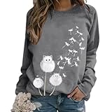 Onebary Langärmeliges Sweatshirt für Damen, Pusteblumen-Grafikdruck, lässig, Rundhalsausschnitt, niedlicher Pullover, Top, bequeme T-Shirts, dunkelgrau, 3-4J