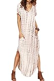 Zilcremo Damen Strandkleid Bohemian Lang Kleid Sommerkleid Kurze Ärmel Boho Kleider Maxikleid Apricot S