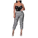Damen Hose High Waist Glitzer Pailletten Gummibund Elegant Jogginghose Frauen Hoher Bund Lang Elastischer Freizeithose Slim Fit Glänzend Hosen Baggy Hip Hop Rock Hose Party Kostü