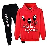 Squid Game Merch Sweatshirt mit Kapuze und Hose für Jungen und Mädchen, Sportanzug für Kinder, rot, 7-8 J