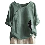 Damen Tops Vintage Baumwolle Leinen Pullover Sommer Löwenzahn Katze gedruckt T-Shirt Plus Size O-Ausschnitt Kurzarm Lose Tunika Knöpfe Bluse(XXXXL,Z2 Minzgrün)