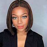 PORSMEER Perücke Braun mit Blonde Kurze Bob Glatt Perücke Damen Highlights Synthetische Haar Wig für Afro/Frauen/Mädchen Natürliche Perücke Party/Kostü