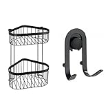 WENKO Eckregal 2 Etagen Classic Plus Black - Eckregal, Stahl, 23.5 x 33 x 18.5 cm, Schwarz & Wandhaken Classic Plus Black 2er Set - 2er Set, Badhaken, Stahl, 5.5 x 8.5 x 4 cm, Schw
