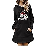 EMATOP Blusenkleid Damen Sweatkleid Weihnachten Hoodie Lose Kapuzenpullover Langarm Hoodies Kleid Sweatshirt Pulli Weihnachtsmütze Muster Herbstkleid Mode Weihnachtskleid mit Tasche Winterk