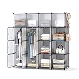 HOMIDEC Kleiderschrank, Tragbarer Regalsystem, 16 Würfel Schrank aus Kunststoff mit 3 Kleiderstange, Schlafzimmerschrank kleiderschrank Weiss für Schlafzimmer, 146 x 142 x 46