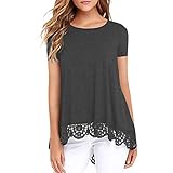 JYSDZSE Lässiges Oberteil für Damen, Rundhalsausschnitt, kurze Ärmel, lockere Spitze, Patchwork-Top, Tunika-Bluse, L|Grau, Einheitsgröß