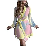 Damen Bademantel Morgenmantel Tie Dye/Sternenklarer Himmel/Blumenmuster Bathrobe mit V Ausschnitt Kurz Nachtwäsche Kimono Langarm Revers Pyjama Frauen S