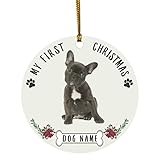 AMIROSSI Personalisierter Name Custom Year Französische Bulldogge Dunkelbraun Welpen Neujahr 2022 Dekorationen Geschenke Erster Weihnachtsbaum Ornamente 2021 Kreis Keramik