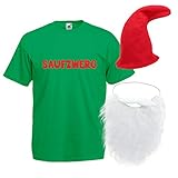 Shirt-Panda Herren T-Shirt · Saufzwerg · wahlweise mit Mütze und/oder Bart Karneval Gruppen Fasching Verkleidung Party Gnom Darts Unisex Hut Kostüme · Grün (Druck Rot) mit Mütze & Bart M