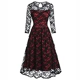 Kleid Damen, Kleid Damen Elegant, Kleider Damen Festlich, Damen Sexy Retro U-Ausschnitt Langarm Rose Print Spitze Patchwork Midi Vintag