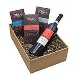 Präsentkorb „GENUSSBOX“ mit Wein und Schokolade in einem Geschenkkarton | Italienischer Rotwein Montepulciano D`Abruzzo und drei französische Schokoladentafeln als Geschenk