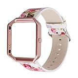 Gimartuk Echtes Lederband für Armbanduhr, Armband mit Blumenmuster, Armband Für Fitbit Blaze mit Stahlrahmen, damen, Flower+Rose Gold Frame, Small / Larg