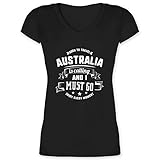 Länder Fahnen und Flaggen - Australia is Calling and I Must go Weiß - XS - Schwarz - Australien - XO1525 - Damen T-Shirt mit V