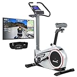 skandika Ergometer Morpheus, Fitnessbike, Heimtrainer mit Steuerung und Street View Funktion, Pulsgurt, 32 einstellbare Widerstandseinstellung und Multifunktionscomputer mit Kalorienverbrauch (silber)