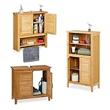 Relaxdays 3 TLG Badeinrichtungs Set LAMELL, Waschbeckenunterschrank, Badschrank mit Türen, Hängeschrank mit Handtuchhalter, Bamb