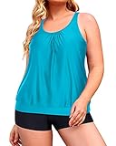 Yonique Tankini-Badeanzüge für Damen, Blouson, Tankini, Oberteil mit Badeshorts, Zweiteiliger Badeanzüge, Aqua Blue,