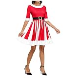 Lazzboy Kleider Für Damen Casual Weihnachtsdruck Mid-Sleeve Rundhalsausschnitt Mittellanges Kleid Vintage Rockabilly übergröße ärmellos Retro Spitzenkleid Festliche Cocktailkleider (Rot,L)