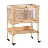 Pawhut Hamsterkäfig aus Holz Kleintierkäfig mit Rollen Rampe Mäusekäfig Nagerkäfig Deckel aufklappbar Tannenholz Natur 60 x 36 x 80,5