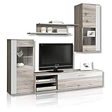 FORTE Hot Shot Wohnwand mit 2 Glastür und 1 Klappe inclusive LED Beleuchtung, Holzwerkstoff, Sandeiche Dekor Kombiniert mit Weiß, 213 x 41.3 x 184
