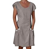 Große Größe Leinen Freizeitkleider für Damen SHOBDW Frauen Sommer Stilvoll Simplicity Einfarbig Kurzarm O Ausschnitt Dünn Knielanges Kleid mit Taschen Strandkleid Sommerkleid A-L