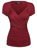 Zeagoo Damen Sommer Sexy T-Shirt V-Ausschnitt Kurzarm Tunika Shirt mit Falten Blusen Oberteile, 1_weinrot, S