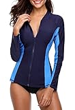 ATTRACO Damen Rashguard Badeanzug Reißverschluss vorne Sonnenschutz Schwimmshirt UPF 50+, navy, X-Larg