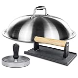 GFTIME Grillzubehör - Speckpresse mit Holzgriff, Hamburgerpresse, 33CM Burgerhaube Heavy Duty Schmelzkuppel Edelstahl, BBQ Tools S